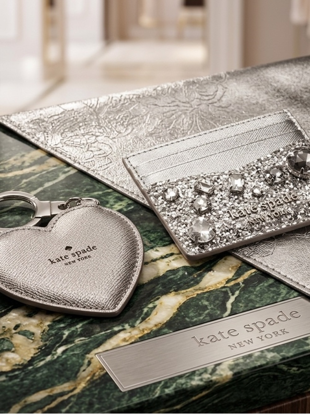 kate spade silver glitter cardholder with jeweled heart keychain - Picture 4 of 6